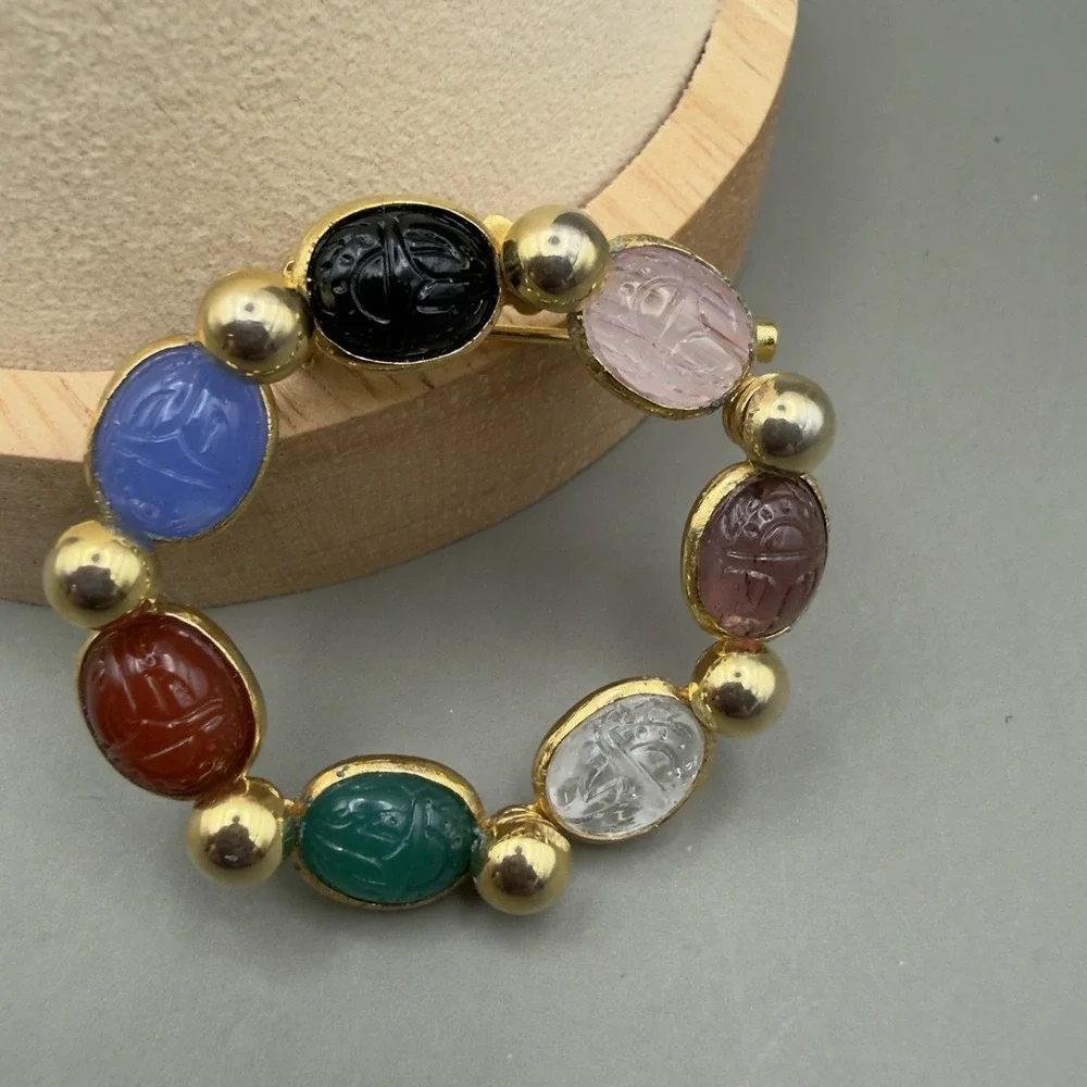Vintage Gold Tone Scarab Circle Wreath Brooch Multicolor Carved Glass Egyptian